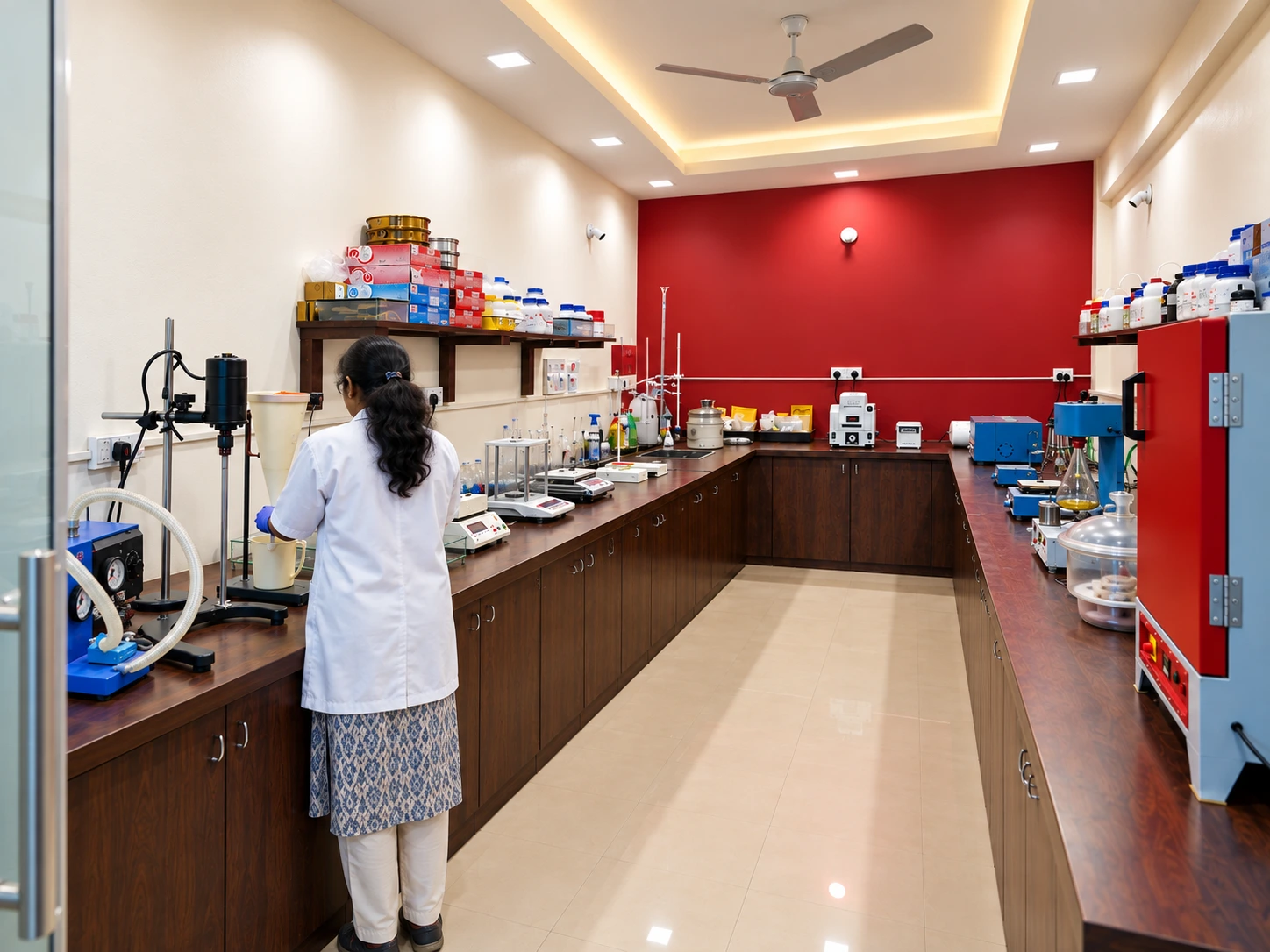 Laboratory workspace with benches and equipment